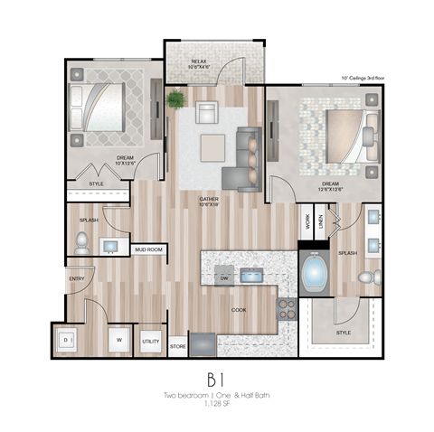 Floor plan for 2 beds, 1.5 baths, 1128 sqft